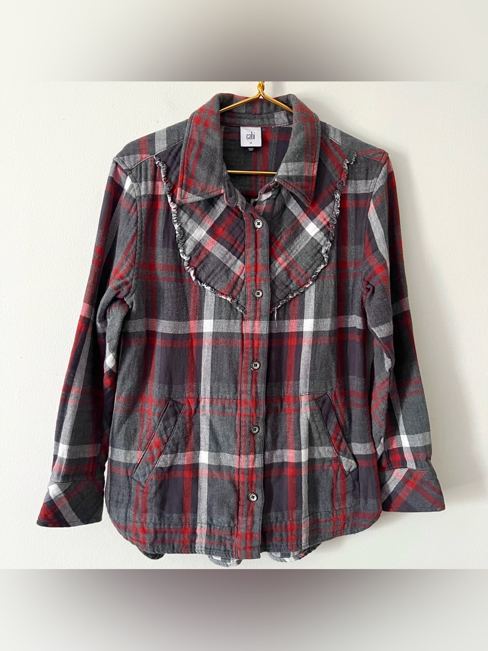 CAbi Women's Red & Gray Plaid Flannel Button-Front Shacket Cozy Cabincore Fall M